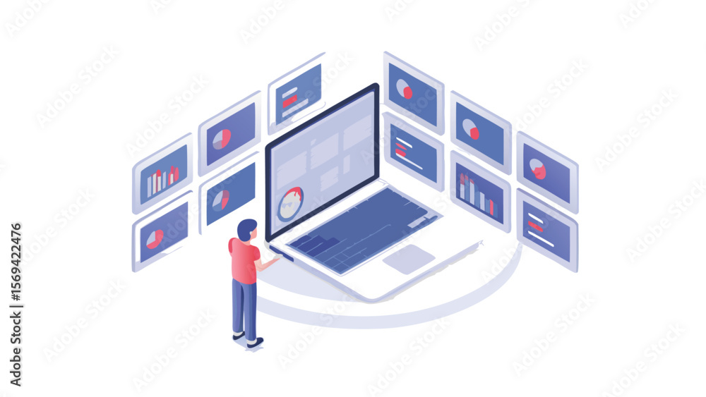 Aufkleber isometric view of a person interacting with a laptop surrounded by data visualization screens