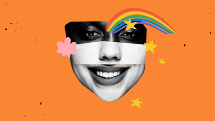 Cut-out collage face made of multiple people features with rainbow, stars, and flower doodles on...