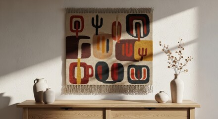 Abstract geometric tapestry on wall with ceramic vases on wooden cabinet