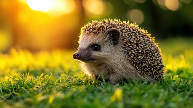 Cute hedgehog in sunset grass