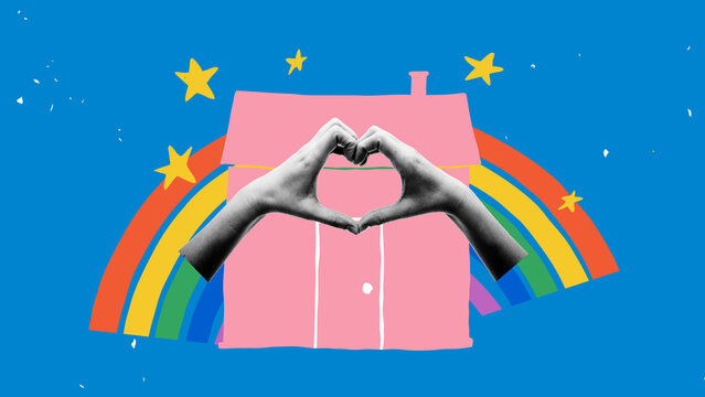 Folk style collage of hands forming heart over pink house with rainbow smoke and yellow stars. Symbol of safe, loving and inclusive LGBTQ home. Concept of branding for mental health and therapy spaces