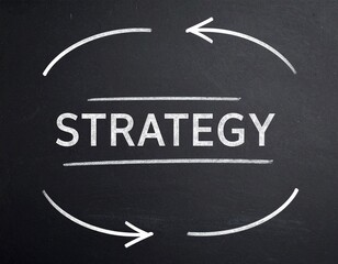 Strategy white text isolated on a blackboard with four curved arrows and lines,  font