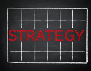 Strategy white text isolated on a blackboard with grid  white lines, red font, 