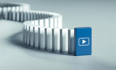 A single blue domino with a play button graphic, positioned centrally amongst a curved line of white dominoes