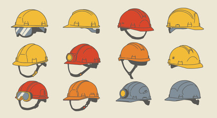 Assorted Safety Hard Hats in Various Colors and Styles