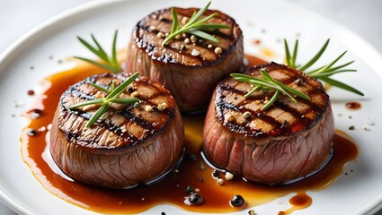 Delicious grilled beef tenderloin steak medallions with rosemary and sauce close up view