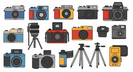 Collection of Vintage and Modern Cameras with Tripods and Film