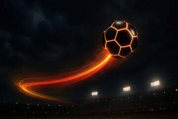 Futuristic soccer ball with neon streaks flying over a stadium field at sunset. Vivid lighting, motion blur, and dramatic sky create a dynamic, energetic sports concept.