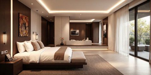 Tech-integrated guest room in warm taupe, featuring AI-powered bed systems that adjust to guest preferences, and motion-activated lighting that adapts