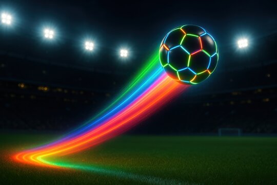 Futuristic soccer ball with neon streaks flying over a stadium field at sunset. Vivid lighting, motion blur, and dramatic sky create a dynamic, energetic sports concept.