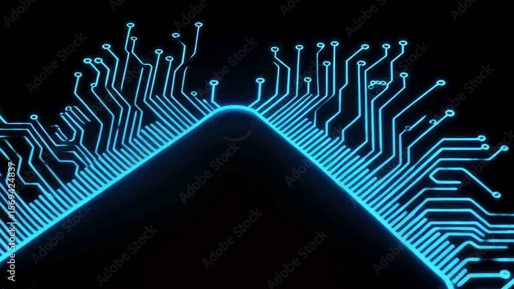 Poster a glowing blue microchip with intricate circuit patterns is isolated on a black background, symboliz