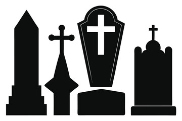 Dark silhouettes of several gravestones show different shapes of memorial art on transparent background