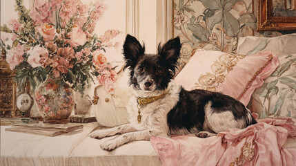 watercolor painting , french château parlor, papillon dog with a gold collar, sitting on a pink silk royal style pillow room has soft light floral bouquet vase, neutral colors 