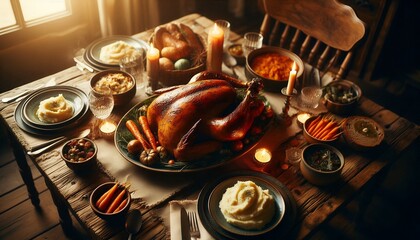 Rustic Holiday Feast with Roasted Turkey and Candlelight 8K Resolution