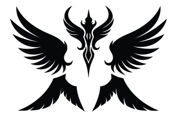 Obraz premium Intricate symmetric phoenix with spread wings is displayed over a transparent background in black