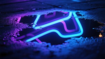 Neon light reflecting in a puddle on a wet city street at night creating an eye-catching scene with vibrant colors and a modern urban atmosphere , for stock