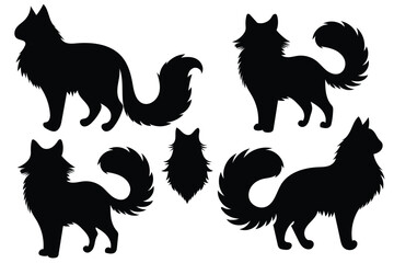 Five stylized black cat silhouettes feature diverse poses against transparent backgrounds, creating a striking collection