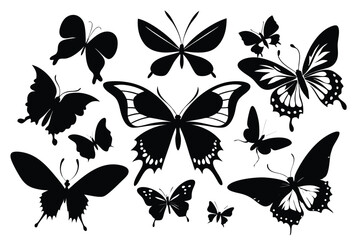 Various butterfly shapes gather together in a diverse black silhouette collection against a white backdrop
