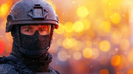 Tactical Soldier in Snow, Fiery Bokeh Background