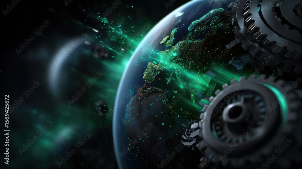Poster mechanical transformation of earth a futuristic vision in digital art space 3d graphics sci-fi envir