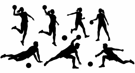 Six Dynamic Silhouettes of Athletes Playing Team Handball, Displaying Diverse Actions and Poses