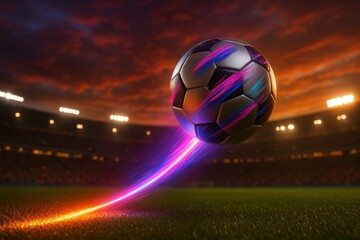 Futuristic soccer ball with neon streaks flying over a stadium field at sunset. Vivid lighting, motion blur, and dramatic sky create a dynamic, energetic sports concept.