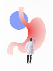 Doctor stands in front of a stomach illustration with red gradient highlighting pain. Modern 3D graphic. Concept of gastroenterological health awareness, clinic branding and websites