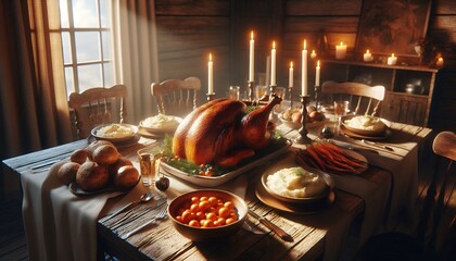 Rustic Holiday Feast with Roasted Turkey and Candlelight 8K Resolution