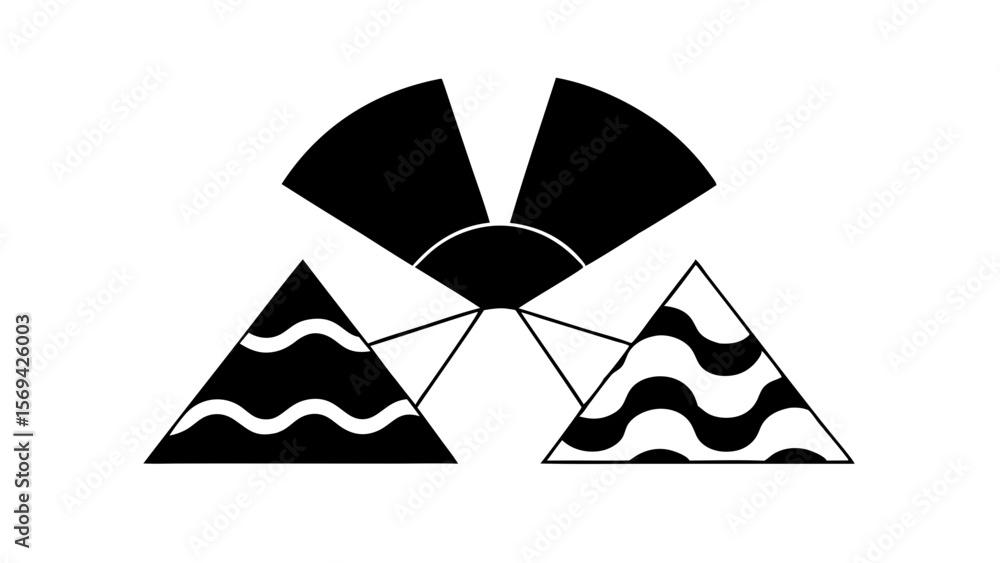 Poster abstract geometric design with radiating lines and wavy triangles on white background