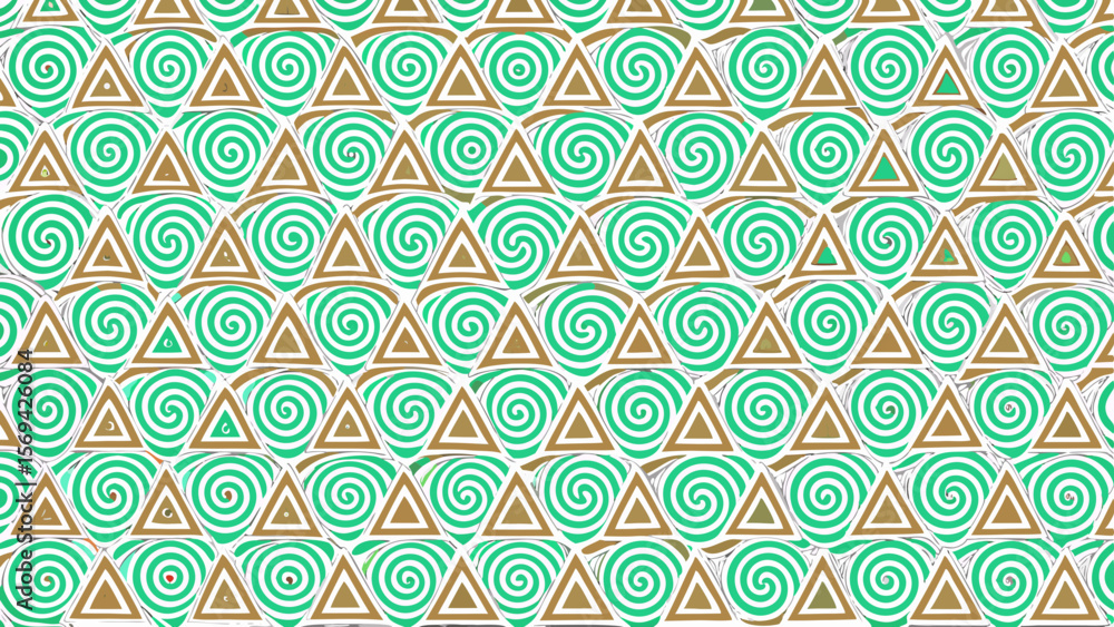 Poster geometric pattern of interlocking triangles with green spirals and gold outlines