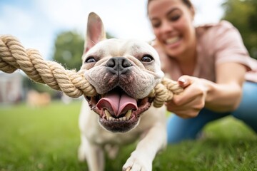 French bulldog playing tug-of-war with owner in a park