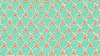 Geometric pattern of interlocking triangles with green spirals and gold outlines