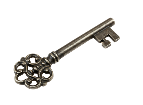 Antique ornate metal skeleton key isolated on transparent background