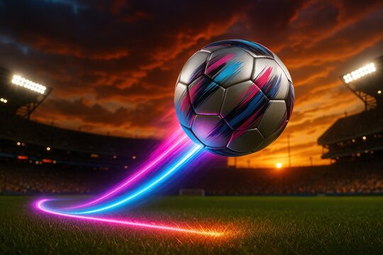 Futuristic soccer ball with neon streaks flying over a stadium field at sunset. Vivid lighting, motion blur, and dramatic sky create a dynamic, energetic sports concept.