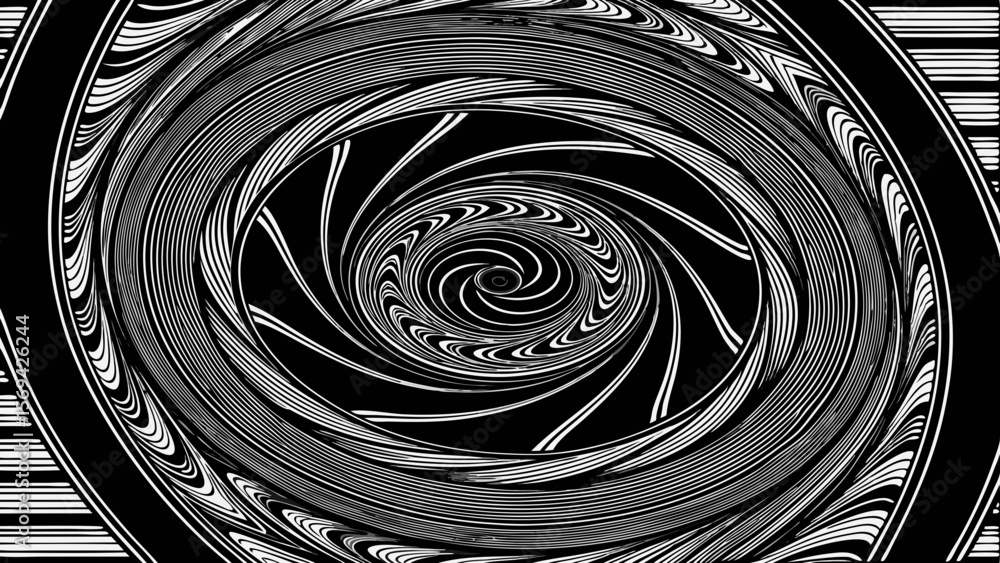 Poster abstract black and white swirling vortex pattern with repeating lines