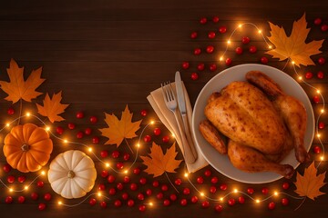 Festive Thanksgiving Table Setting with Roasted Chicken and Autumn Decor 8K Resolution