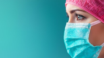 Close up of a female doctor wearing a mask and cap