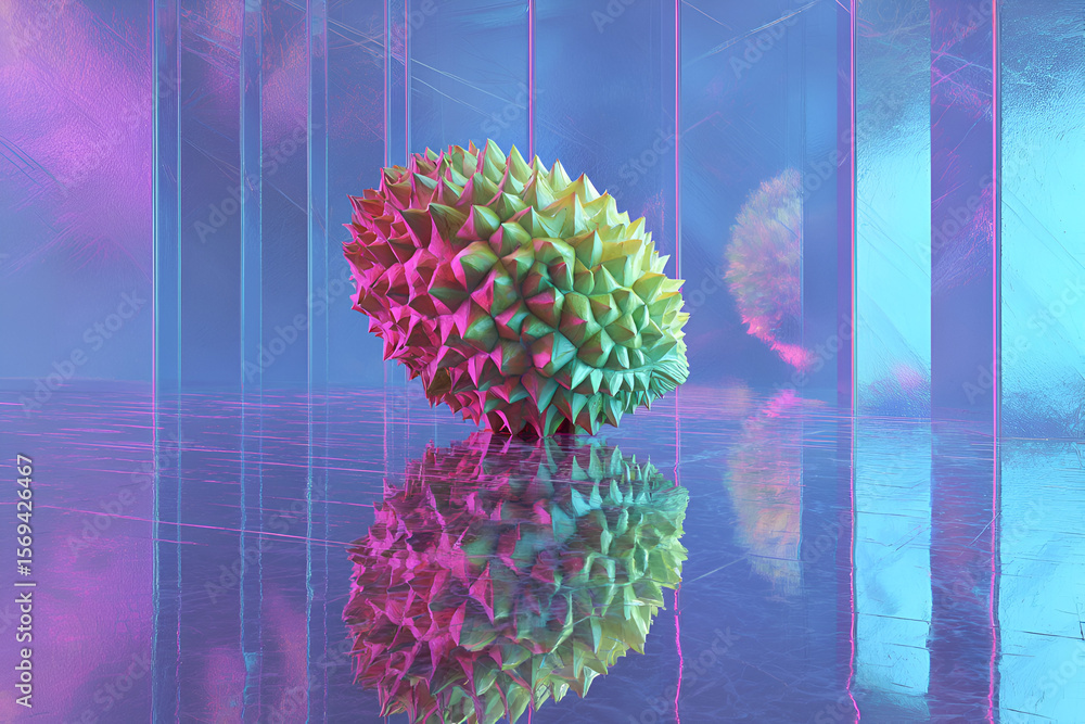 Poster floating spiky sphere with reflection in a futuristic neon environment