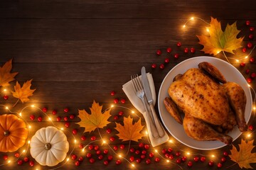 Festive Thanksgiving Table Setting with Roasted Chicken and Autumn Decor 8K Resolution