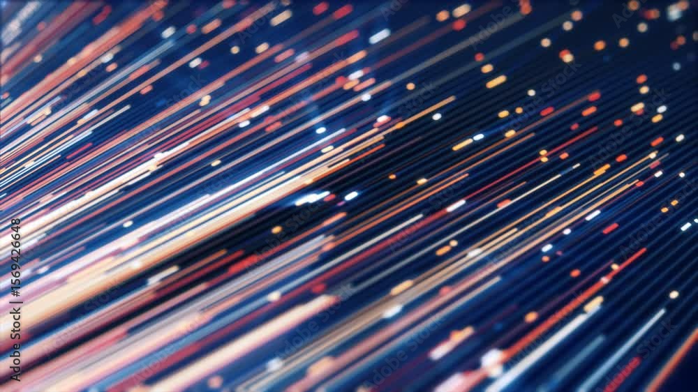 Poster abstract glowing fiber optic lines in motion, creating a dynamic digital pattern with vibrant streak