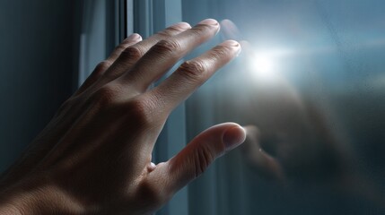 Reaching for light human hand touching glass indoor space close-up shot concept of connection
