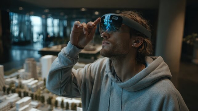 Innovative virtual reality experience modern office technology futuristic environment close-up view immersive concept