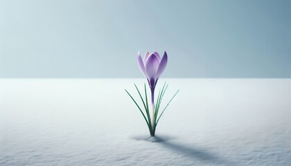 Early Bloom: Purple Crocus Flower Emerging Through Snow 8K Resolution