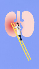 Female doctor on a yellow ladder reaching towards a kidney illustration with a red gradient pain...