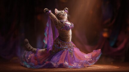 A magical cat dressed in a stylish belly dance costume, dancing with graceful movements. Her outfit features sequins, colorful tulle, and a flowing skirt. 