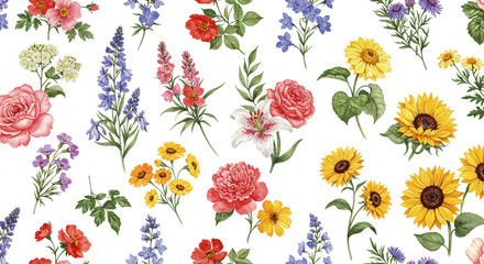 Floral Delight: A vibrant tapestry of a diverse collection of assorted flowers including sunflowers and roses, arranged in a stunning and colorful composition.