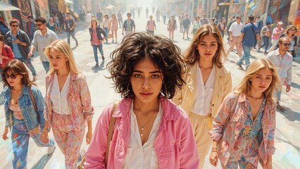 Stylized group portrait of young people in vibrant pastel outfits with modern brushstroke overlay effect on white background