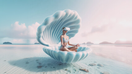 Young woman meditation in virtual space. Metaverse Virtual Wellness / Sci-fi concept.