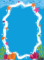 Childrens cartoon frame with sea inhabitants, waves