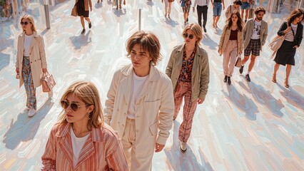 Stylized group portrait of young people in vibrant pastel outfits with modern brushstroke overlay effect on white background